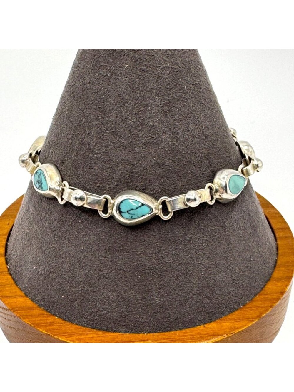 VTG Sterling Silver 925 Teardrop Turquoise Station Bracelet Size 7" Length
